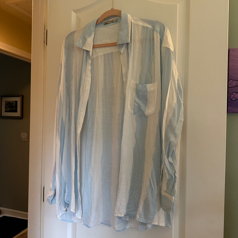 Carmar Blue and White Vertical Stripe Button-Down Shirt